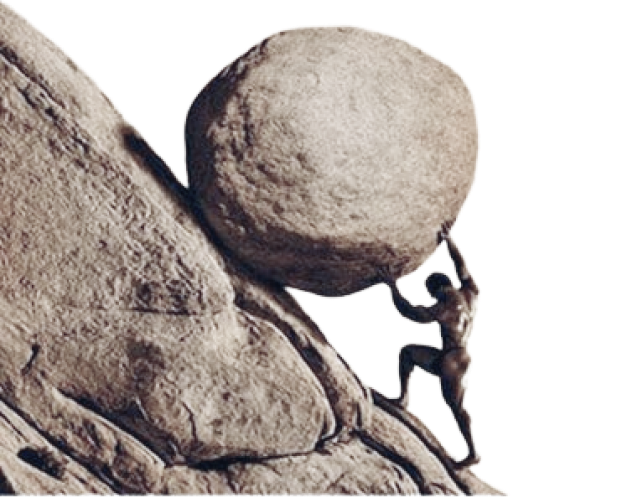 Sisyphus pushing a boulder up a hill.